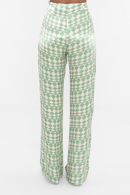 Bayan Yeşil Yüksek Bel Saten Pantolon - BSL