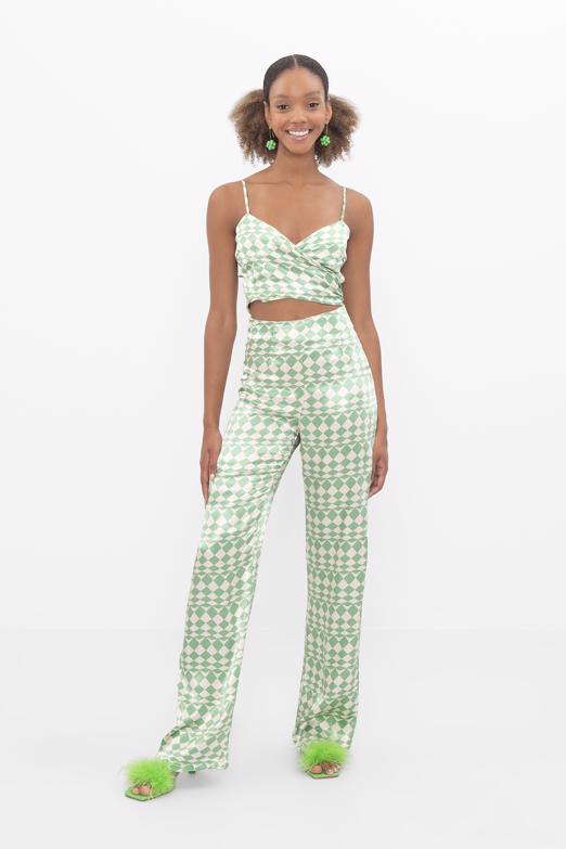 Bayan Yeşil Yüksek Bel Saten Pantolon - BSL