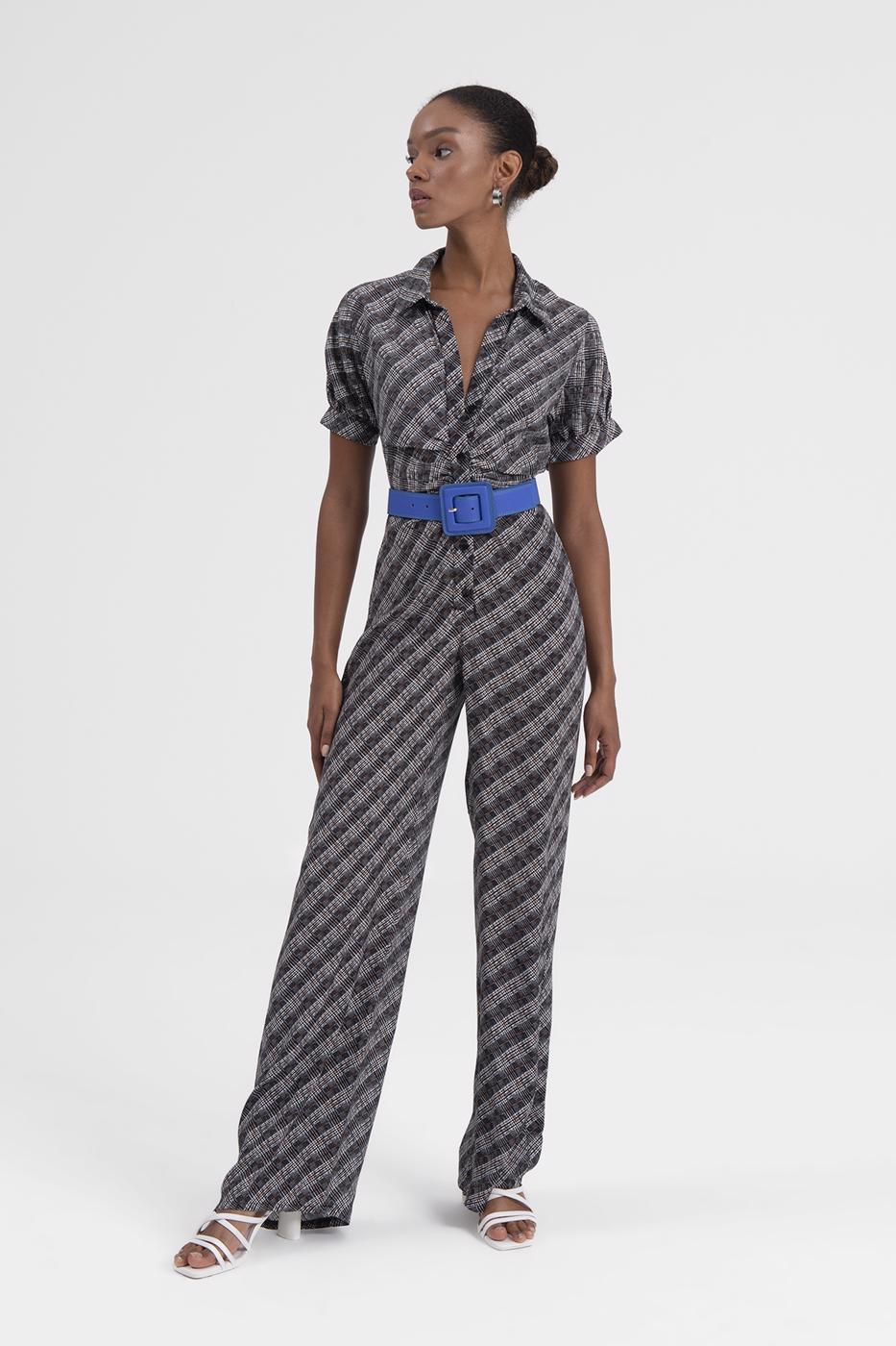 Bayan Siyah Gömlek Yaka Kısa Kollu Tulum