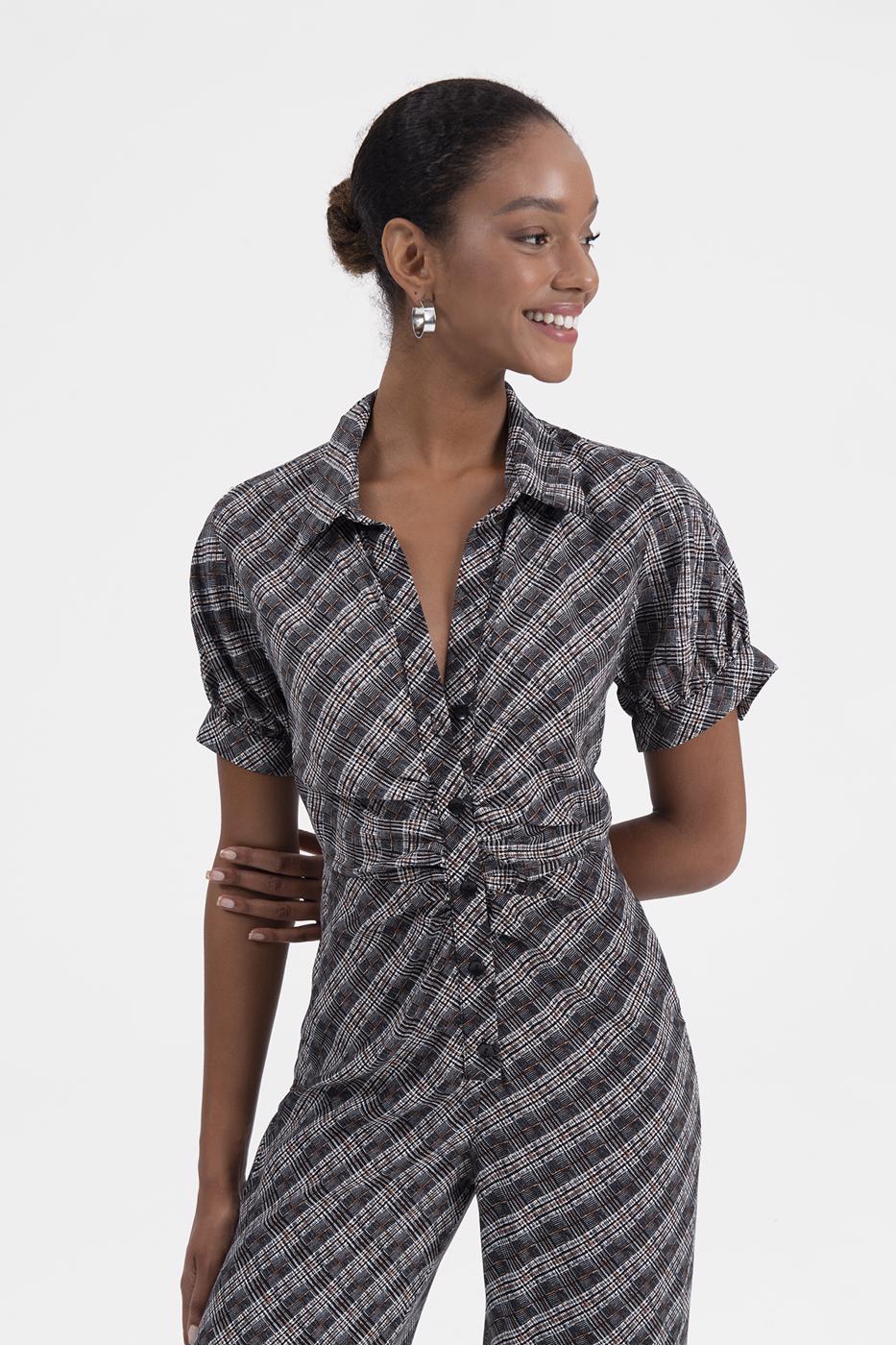 Bayan Siyah Gömlek Yaka Kısa Kollu Tulum