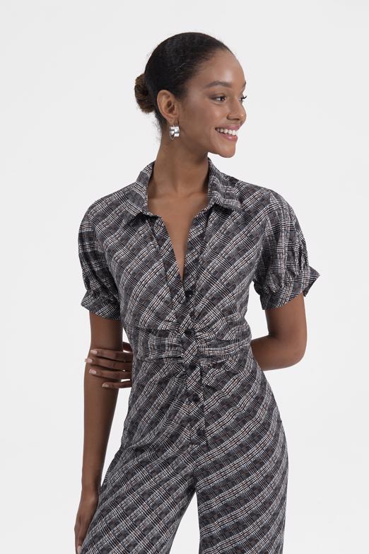 Bayan Siyah Gömlek Yaka Kısa Kollu Tulum - BSL