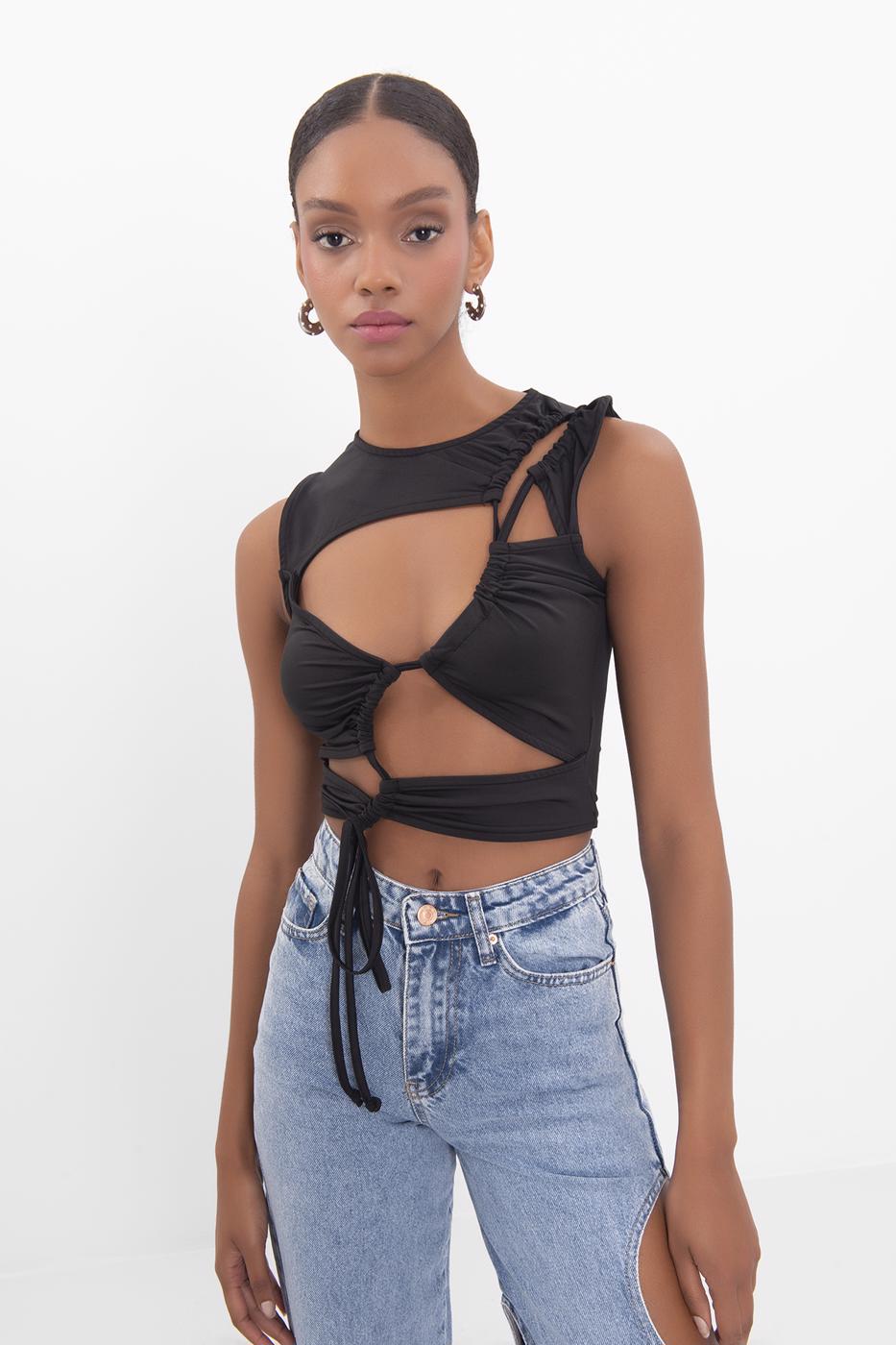 Bayan Siyah Pencere Büzgü Detaylı Body