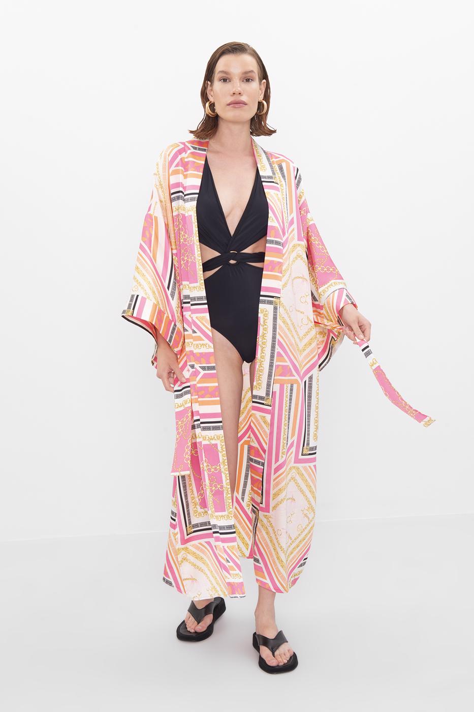 Bayan Fuşya Desenli Kimono