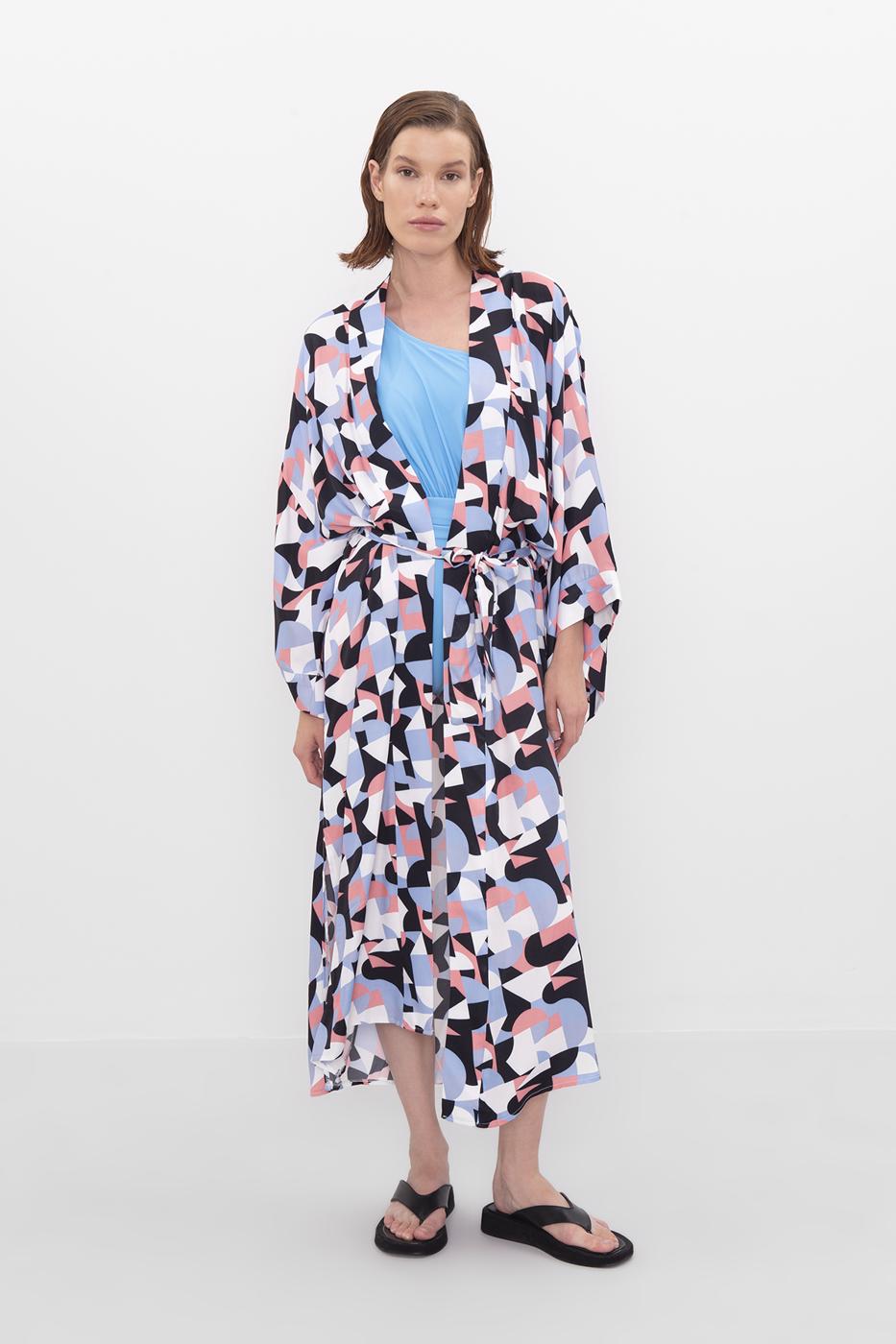 Bayan Mavi Desenli Kimono