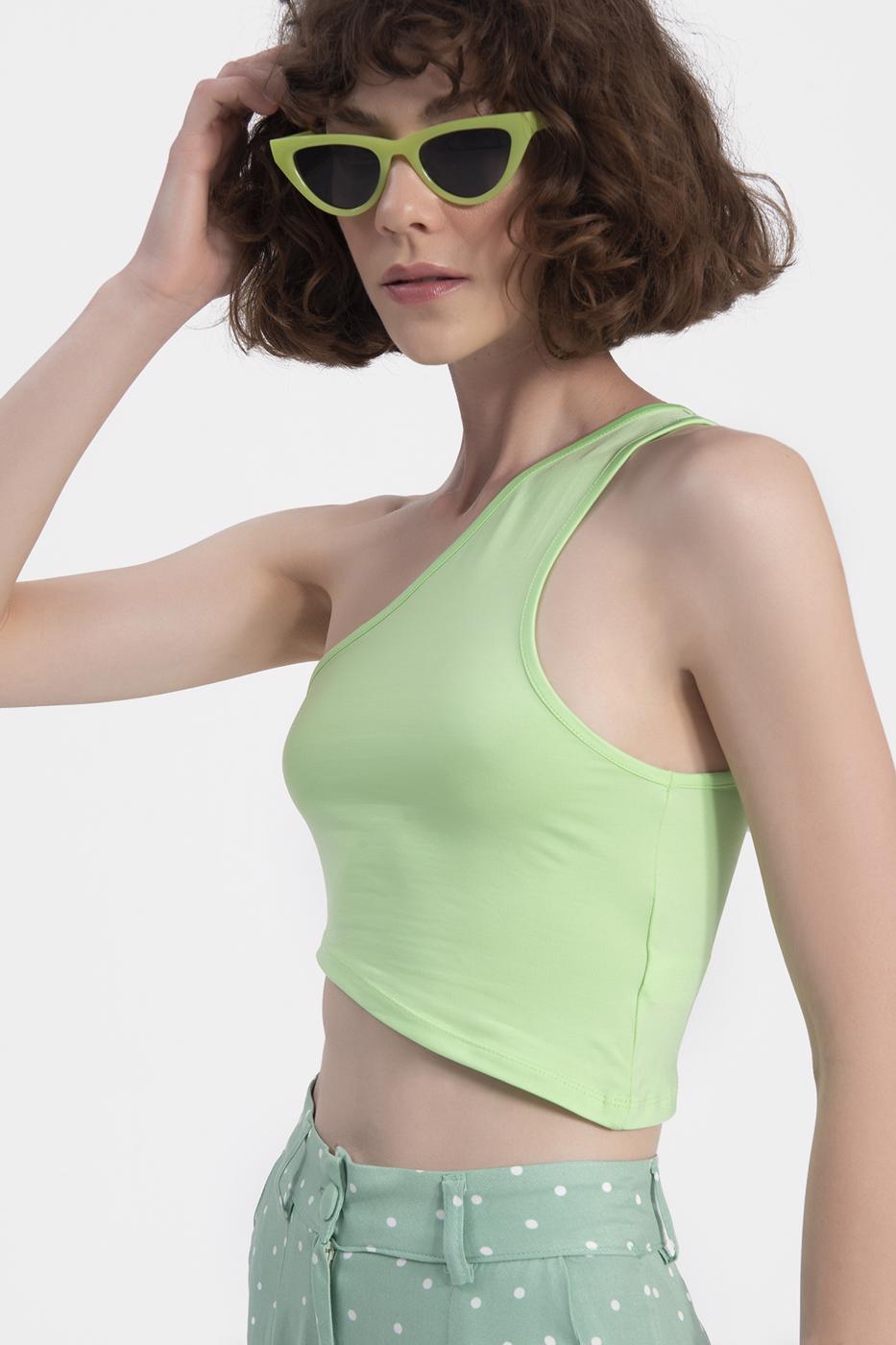 Bayan Yeşil Tek Omuz Asimetrik Etek Ucu Detaylı Body