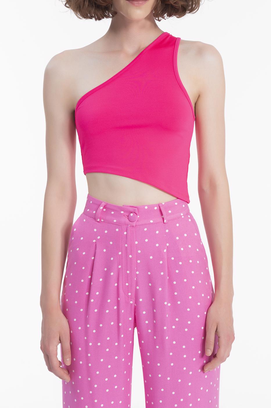 Bayan Fuşya Tek Omuz Asimetrik Etek Ucu Detaylı Body