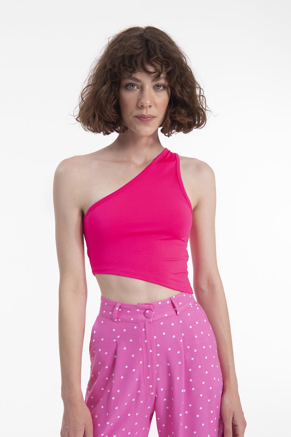 Bayan Fuşya Tek Omuz Asimetrik Etek Ucu Detaylı Body