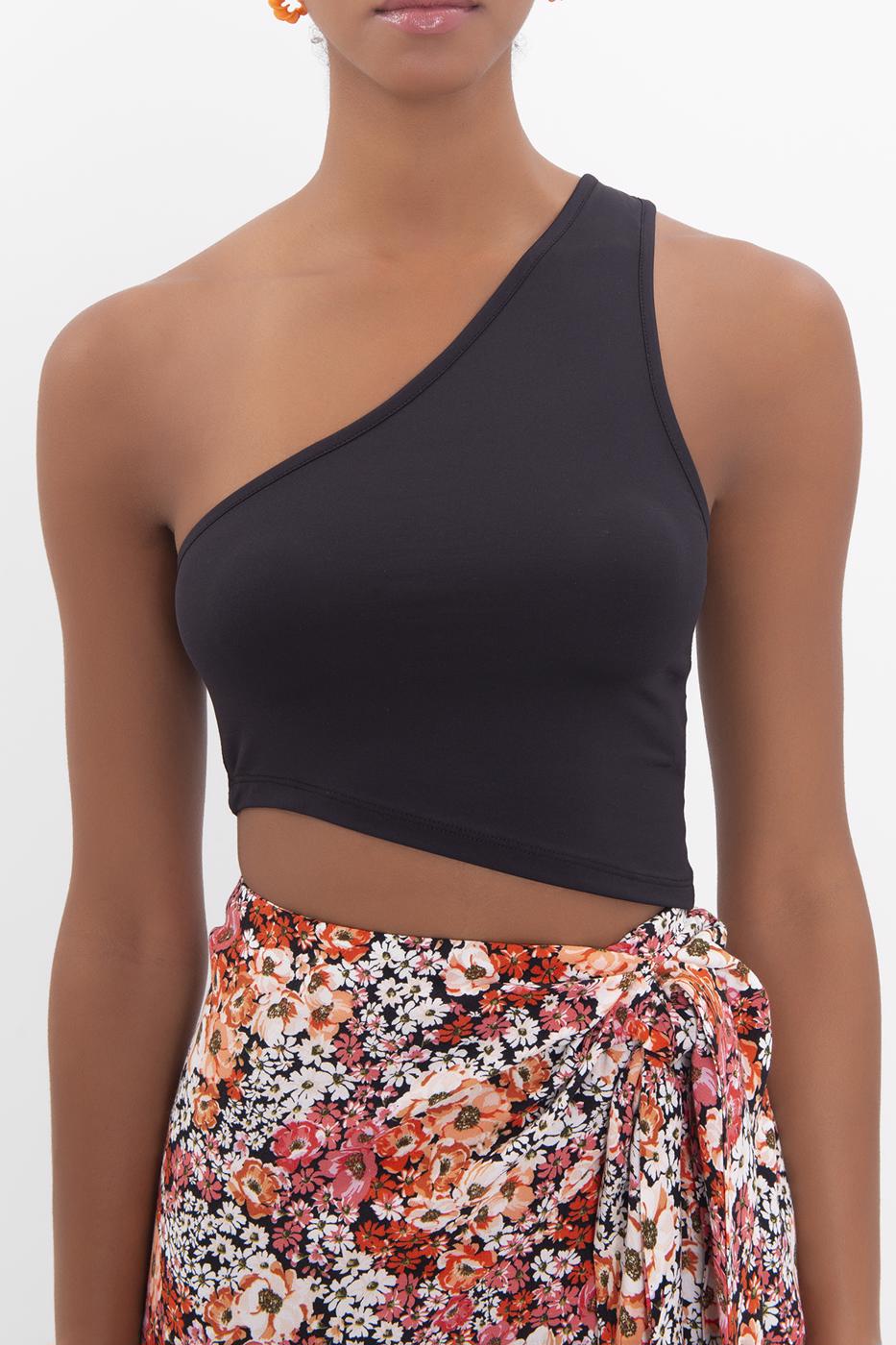 Bayan Siyah Tek Omuz Asimetrik Etek Ucu Detaylı Body