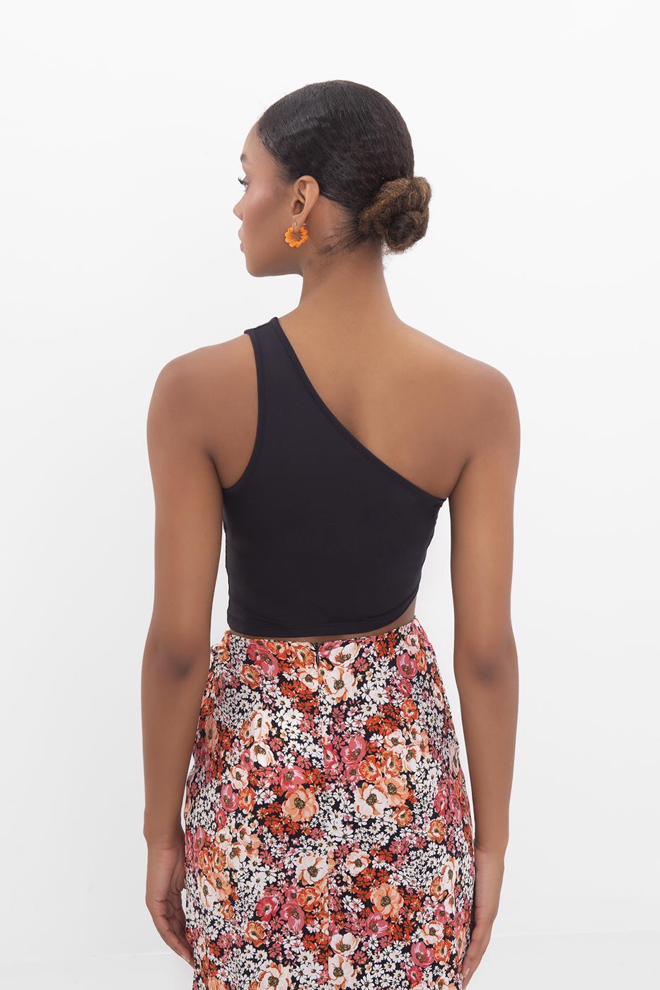 Bayan Siyah Tek Omuz Asimetrik Etek Ucu Detaylı Body