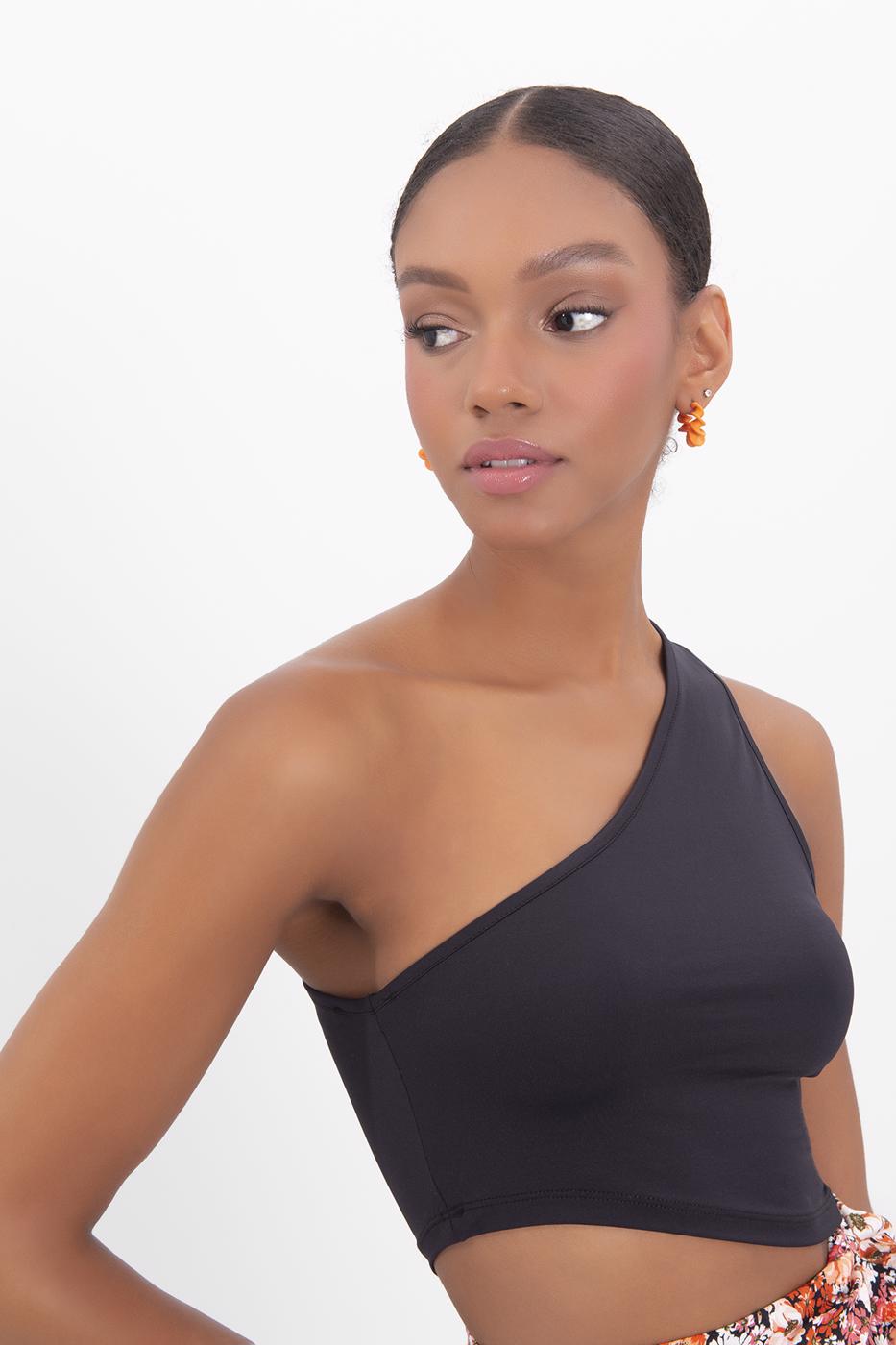 Bayan Siyah Tek Omuz Asimetrik Etek Ucu Detaylı Body