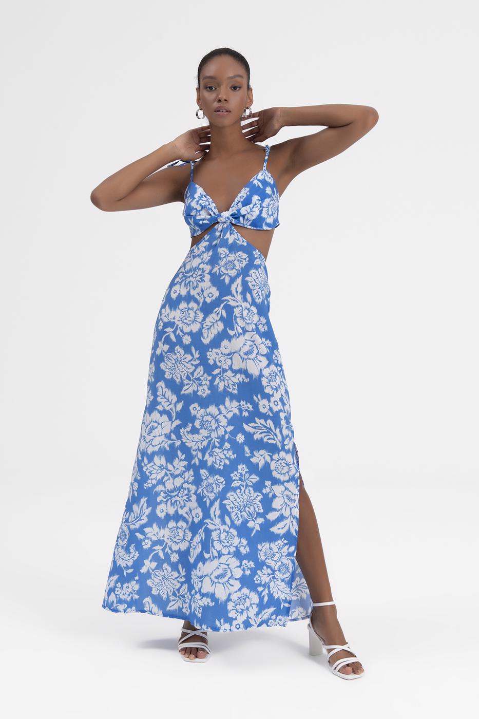 Bayan Mavi Askılı Yırtmaçlı Midi Elbise