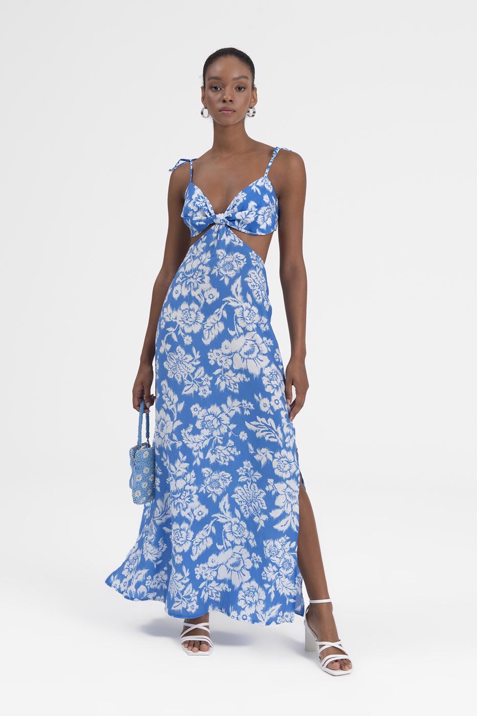 Bayan Mavi Askılı Yırtmaçlı Midi Elbise