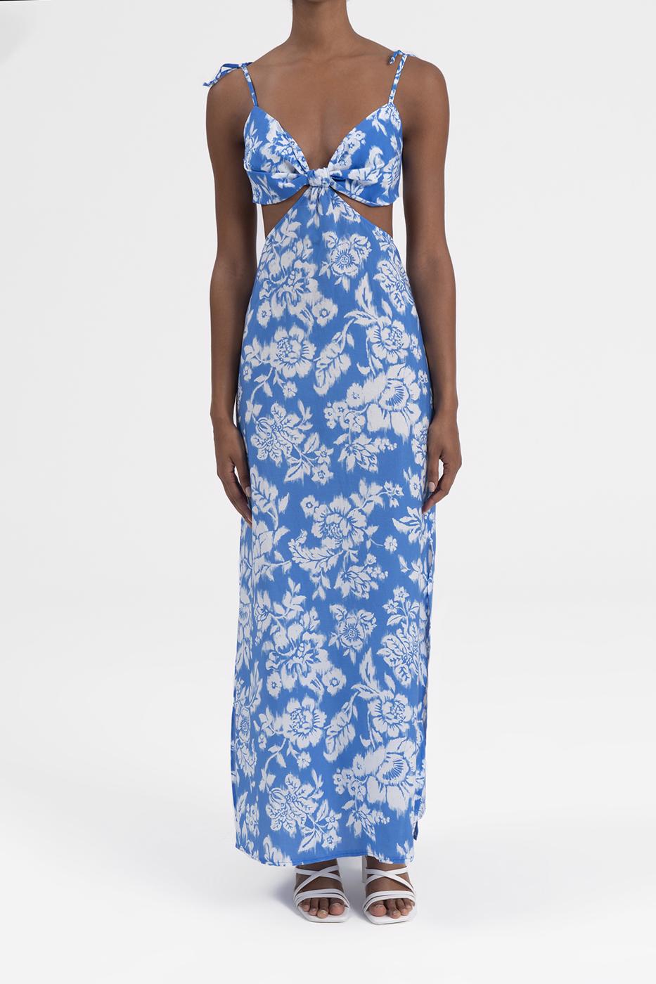 Bayan Mavi Askılı Yırtmaçlı Midi Elbise