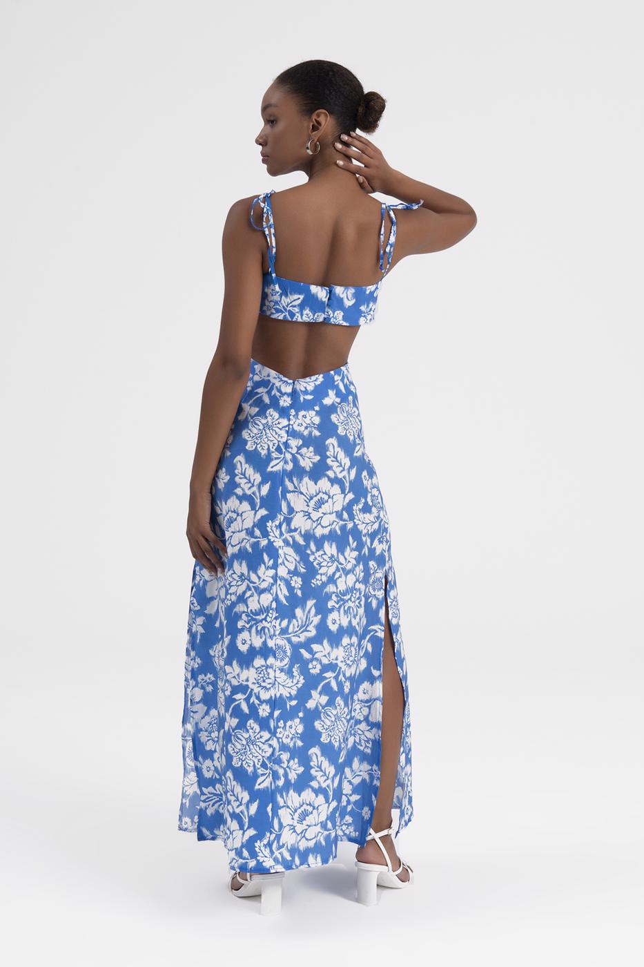 Bayan Mavi Askılı Yırtmaçlı Midi Elbise