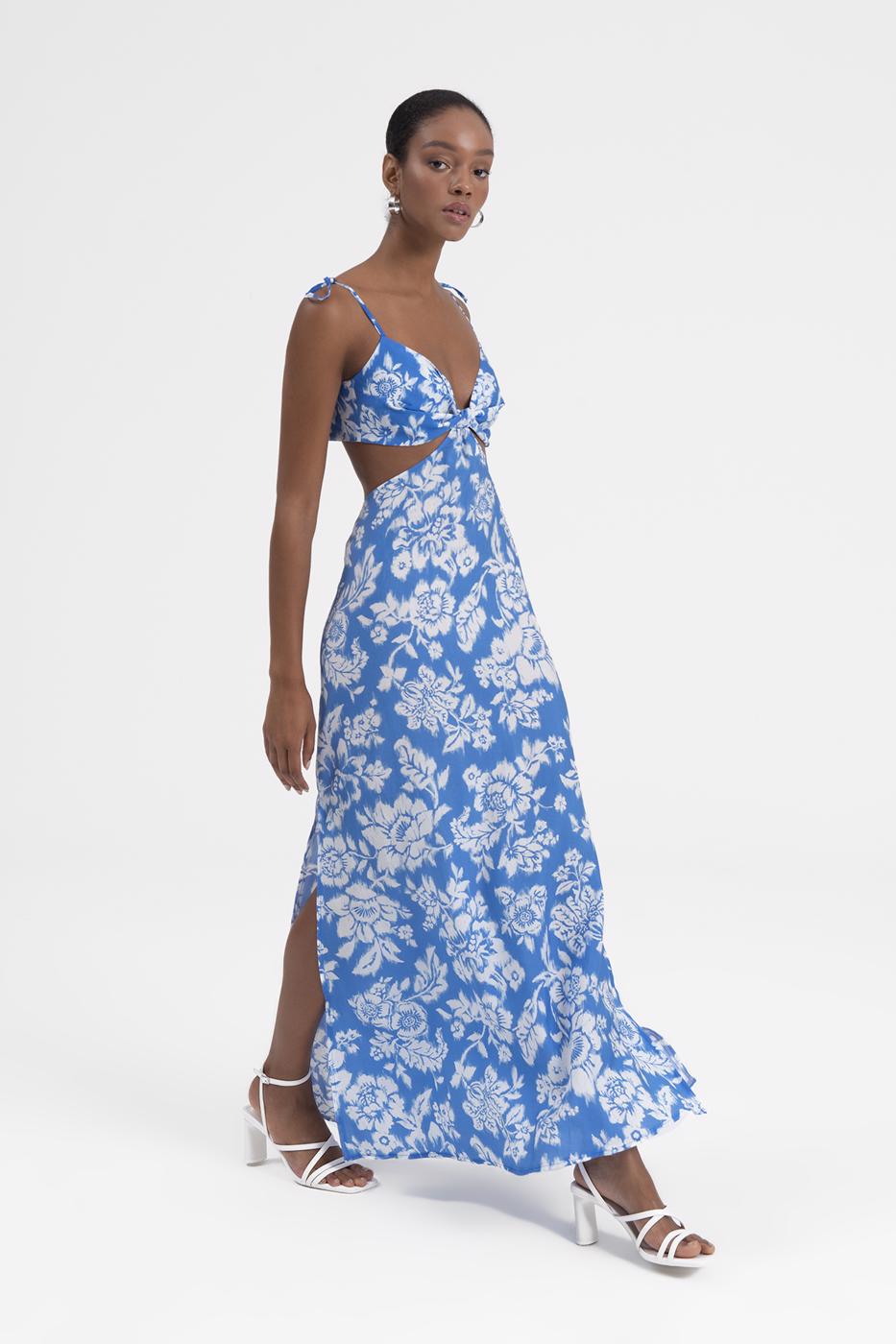 Bayan Mavi Askılı Yırtmaçlı Midi Elbise