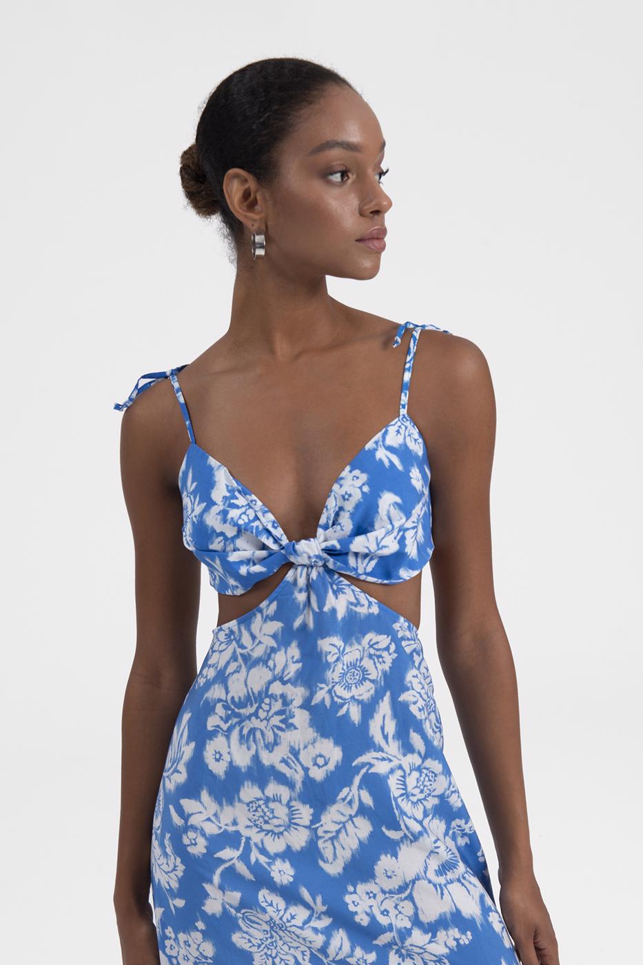 Bayan Mavi Askılı Yırtmaçlı Midi Elbise