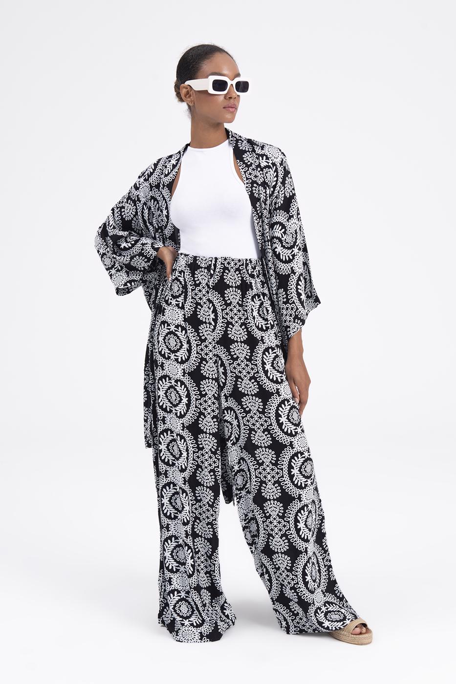 Bayan Siyah Desenli Bol Pantolon