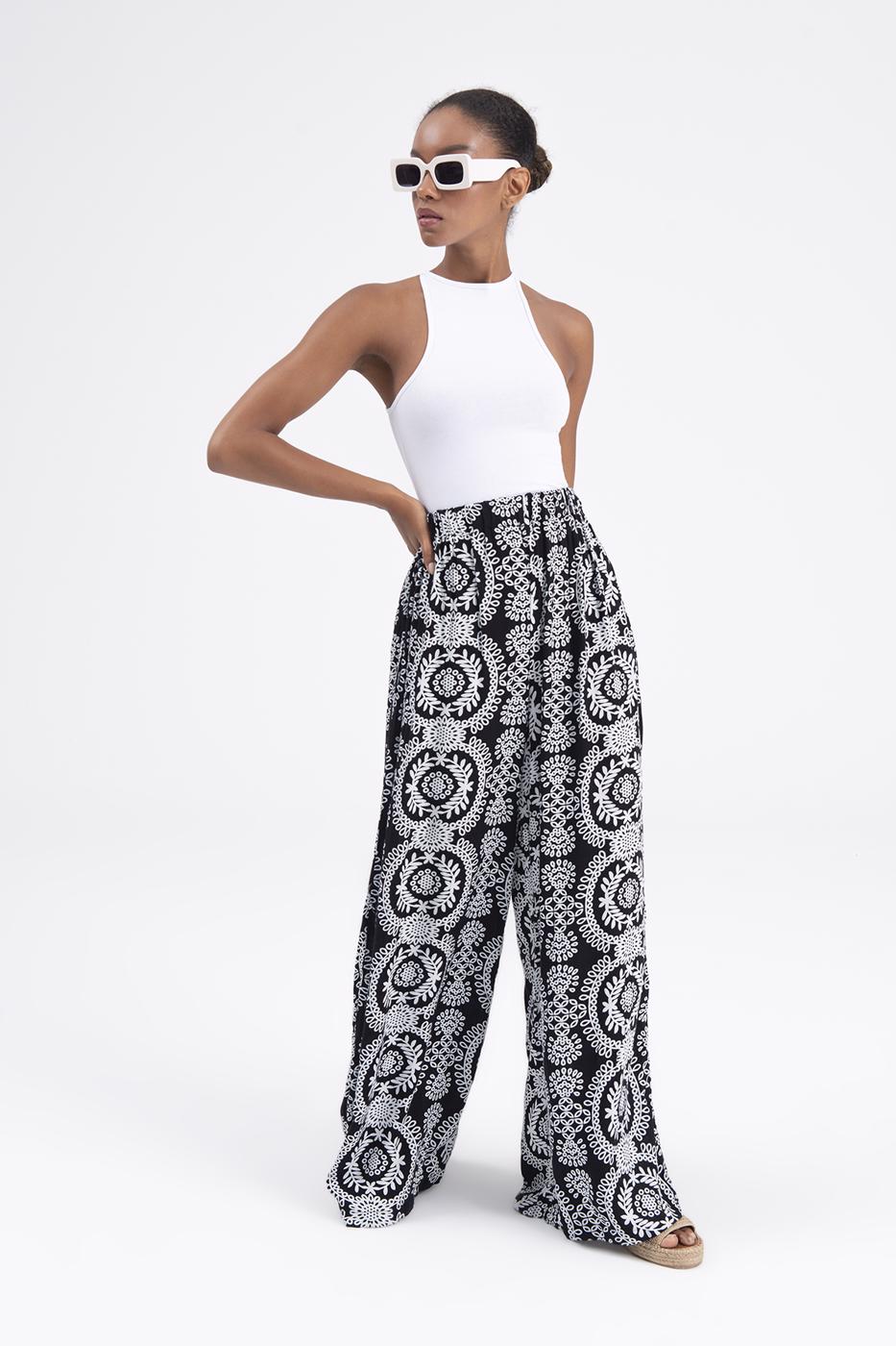 Bayan Siyah Desenli Bol Pantolon