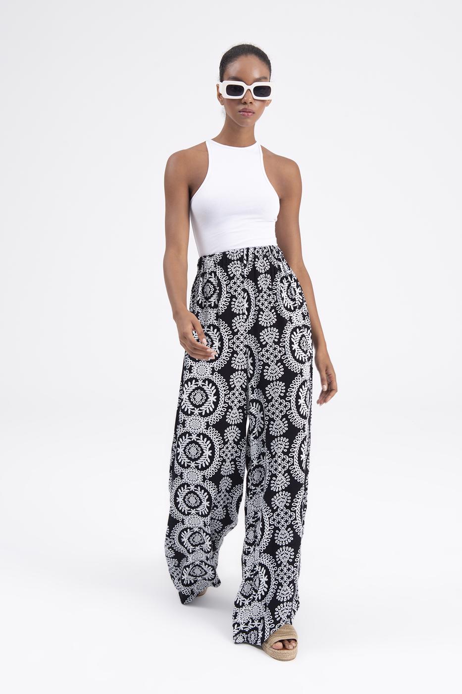 Bayan Siyah Desenli Bol Pantolon