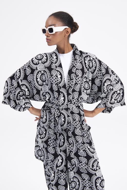 Bayan Siyah Desenli Kısa Kimono - BSL