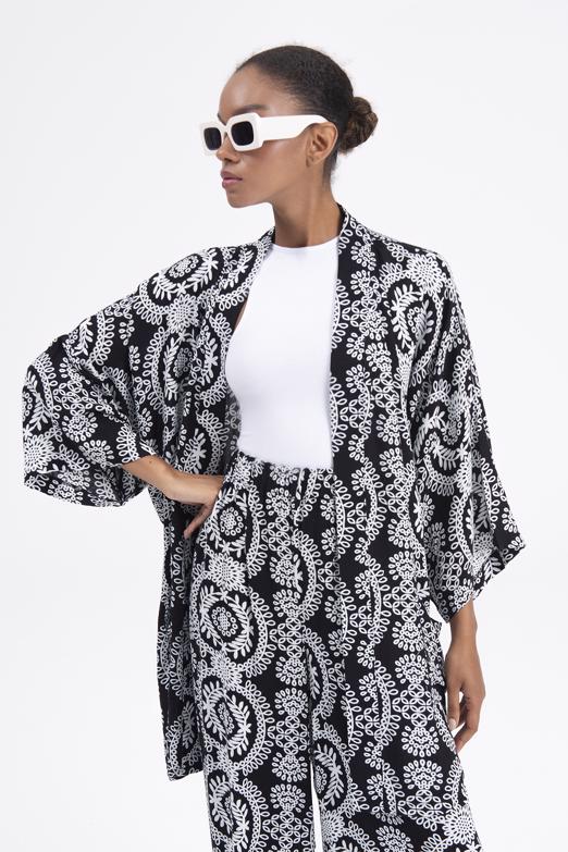Bayan Siyah Desenli Kısa Kimono - BSL
