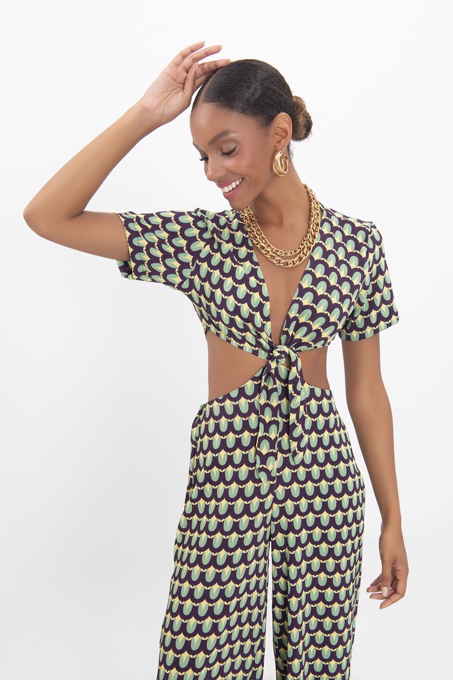 Bayan Yeşil Pencereli Kısa Kollu Tulum