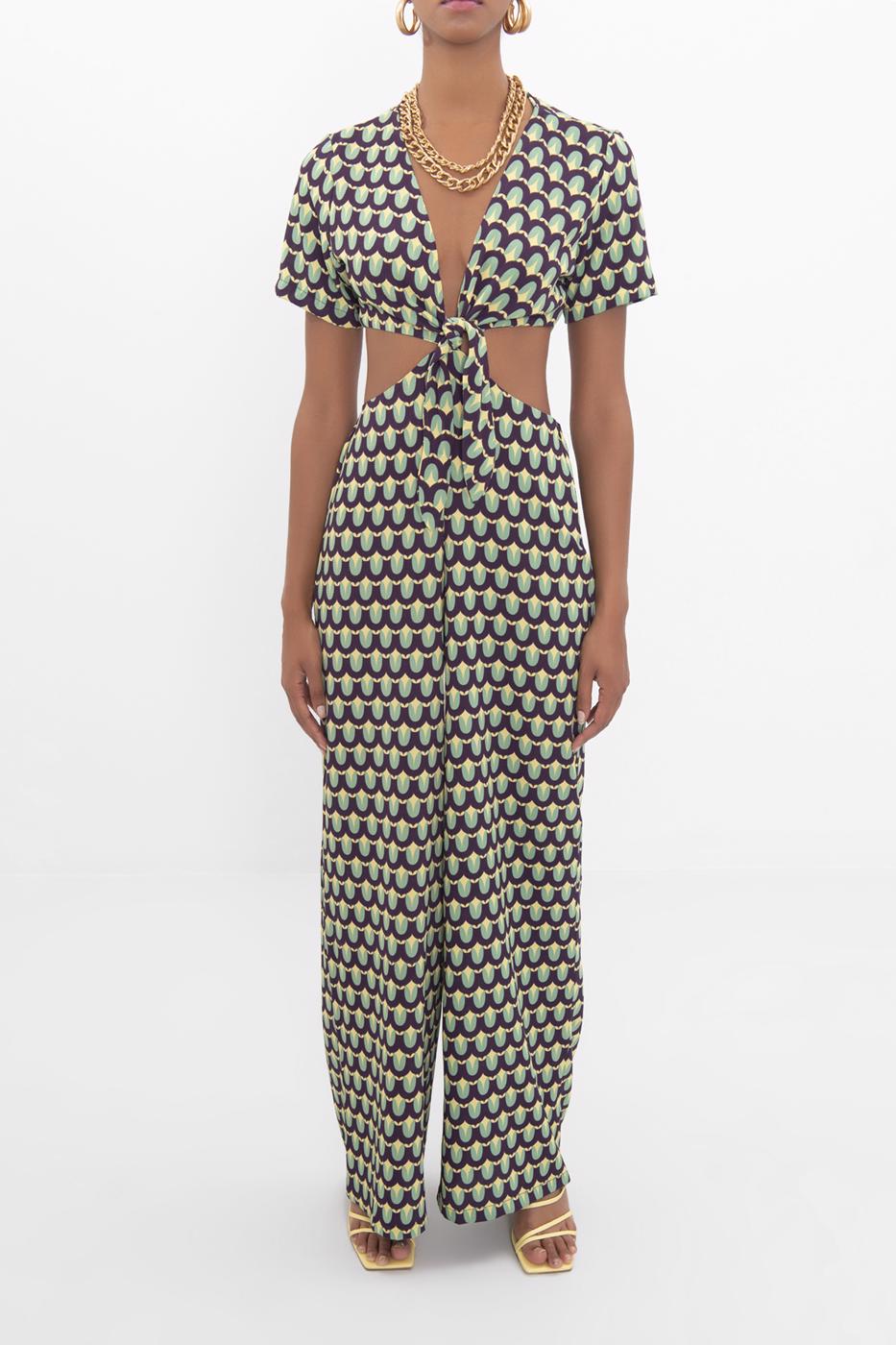 Bayan Yeşil Pencereli Kısa Kollu Tulum