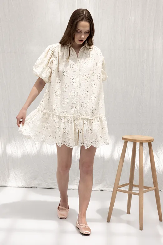 Bayan Bej Balon Kollu Mini Bol Gömlek Elbise - BSL