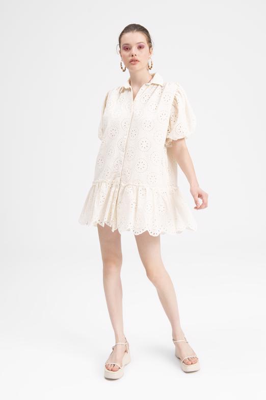 Bayan Bej Balon Kollu Mini Bol Gömlek Elbise - BSL