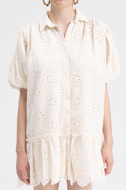 Bayan Bej Balon Kollu Mini Bol Gömlek Elbise - BSL