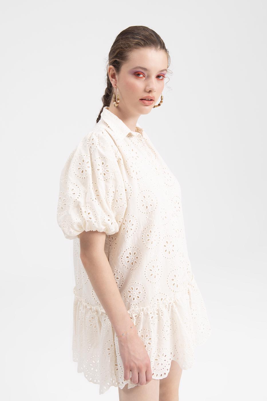 Bayan Bej Balon Kollu Mini Bol Gömlek Elbise