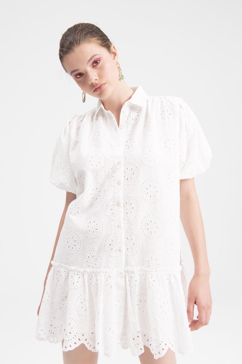 Bayan Beyaz Balon Kollu Mini Bol Gömlek Elbise