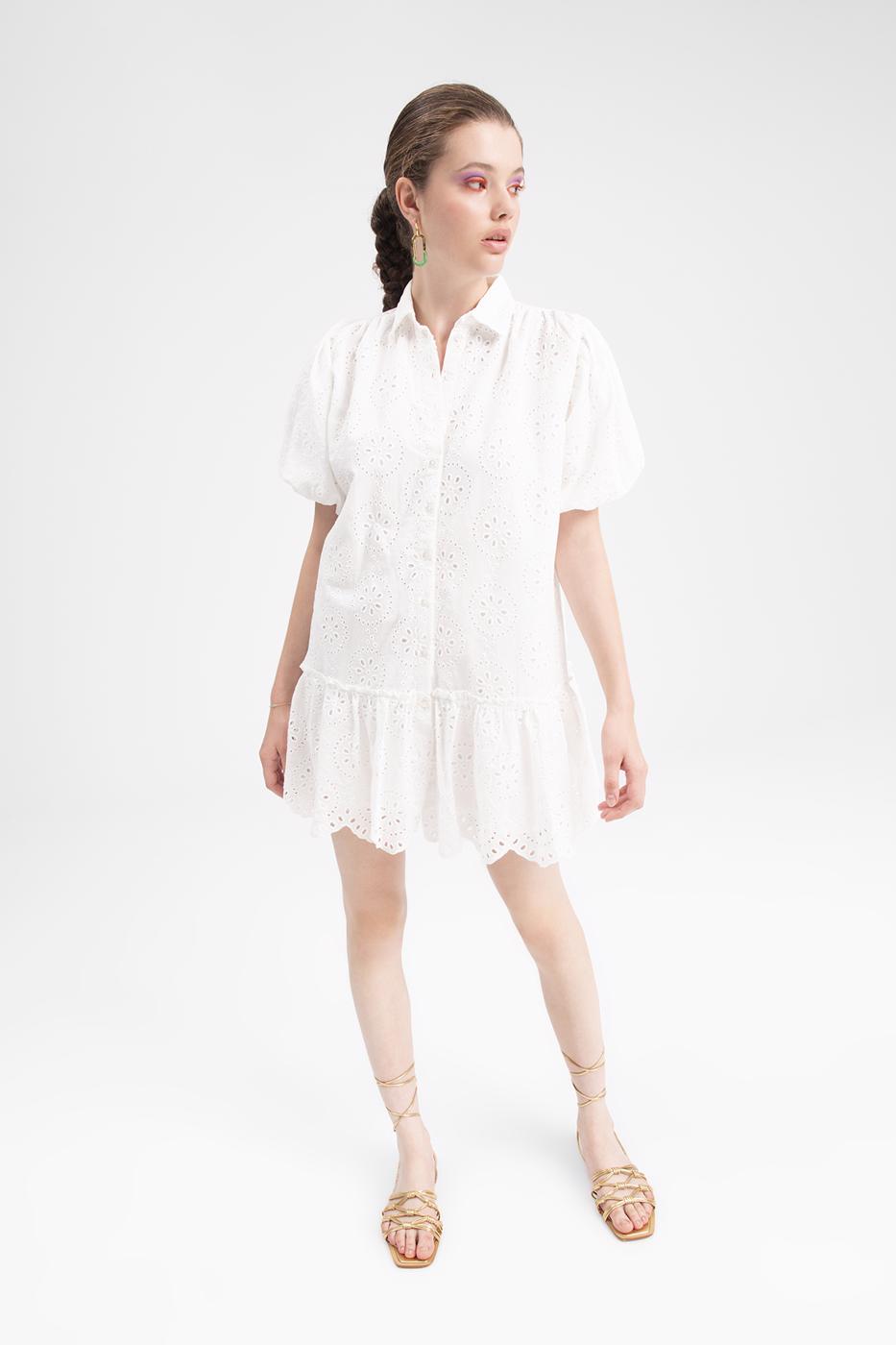 Bayan Beyaz Balon Kollu Mini Bol Gömlek Elbise