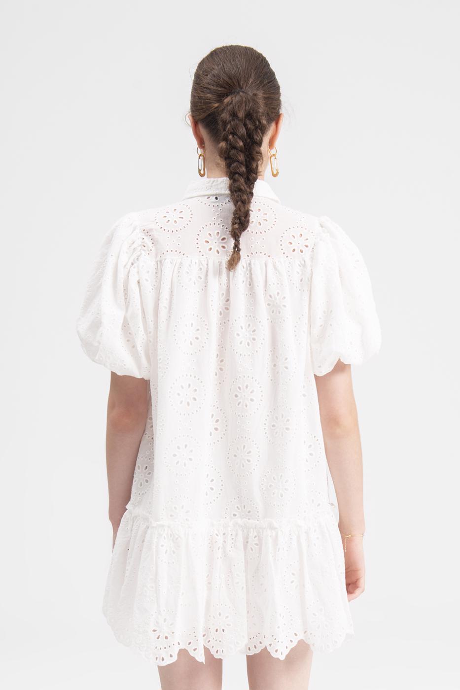 Bayan Beyaz Balon Kollu Mini Bol Gömlek Elbise