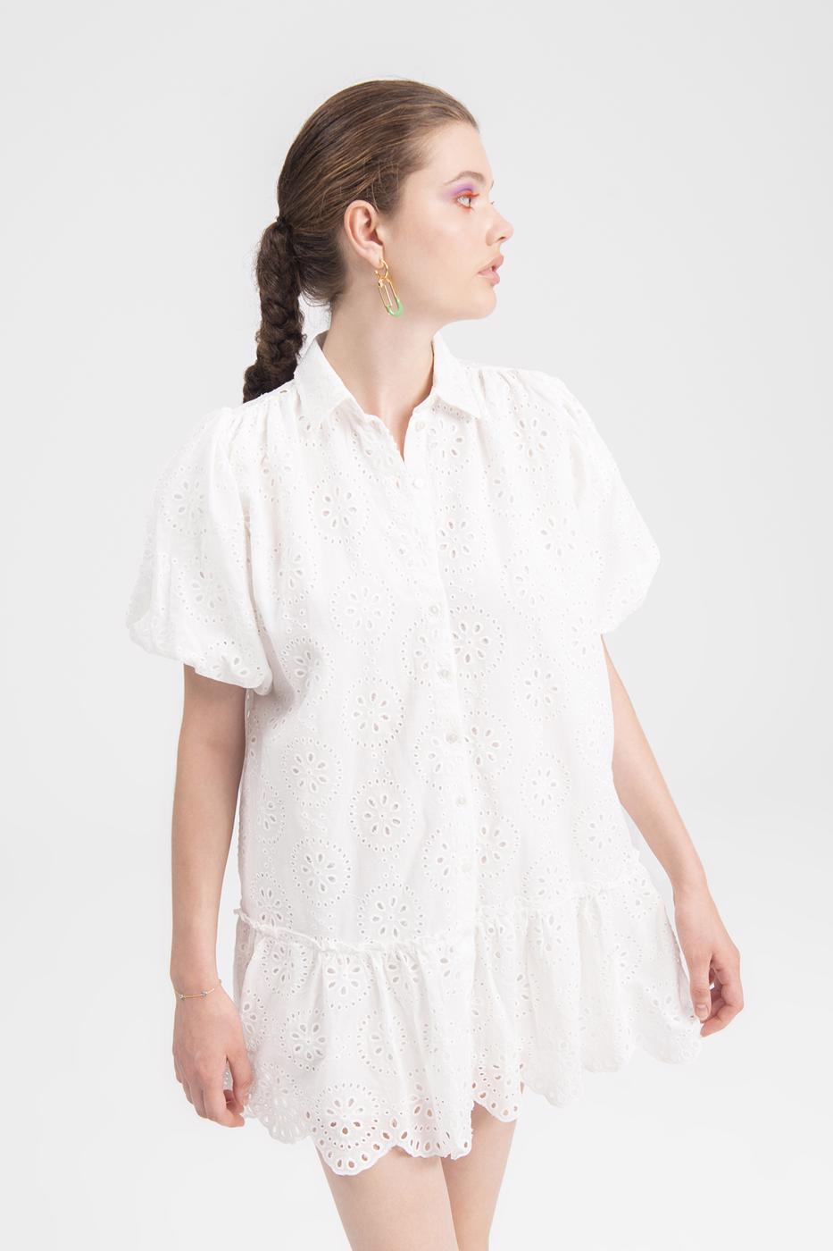 Bayan Beyaz Balon Kollu Mini Bol Gömlek Elbise