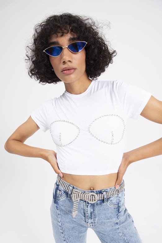 Bayan Beyaz Taşlı Crop Body - BSL