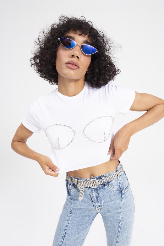 Bayan Beyaz Taşlı Crop Body - BSL