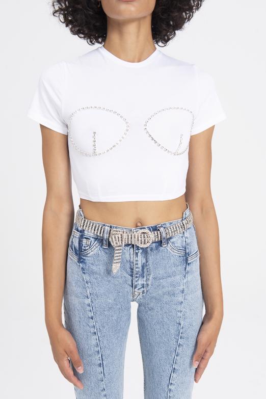 Bayan Beyaz Taşlı Crop Body - BSL