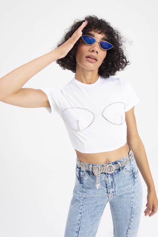 Bayan Beyaz Taşlı Crop Body - BSL