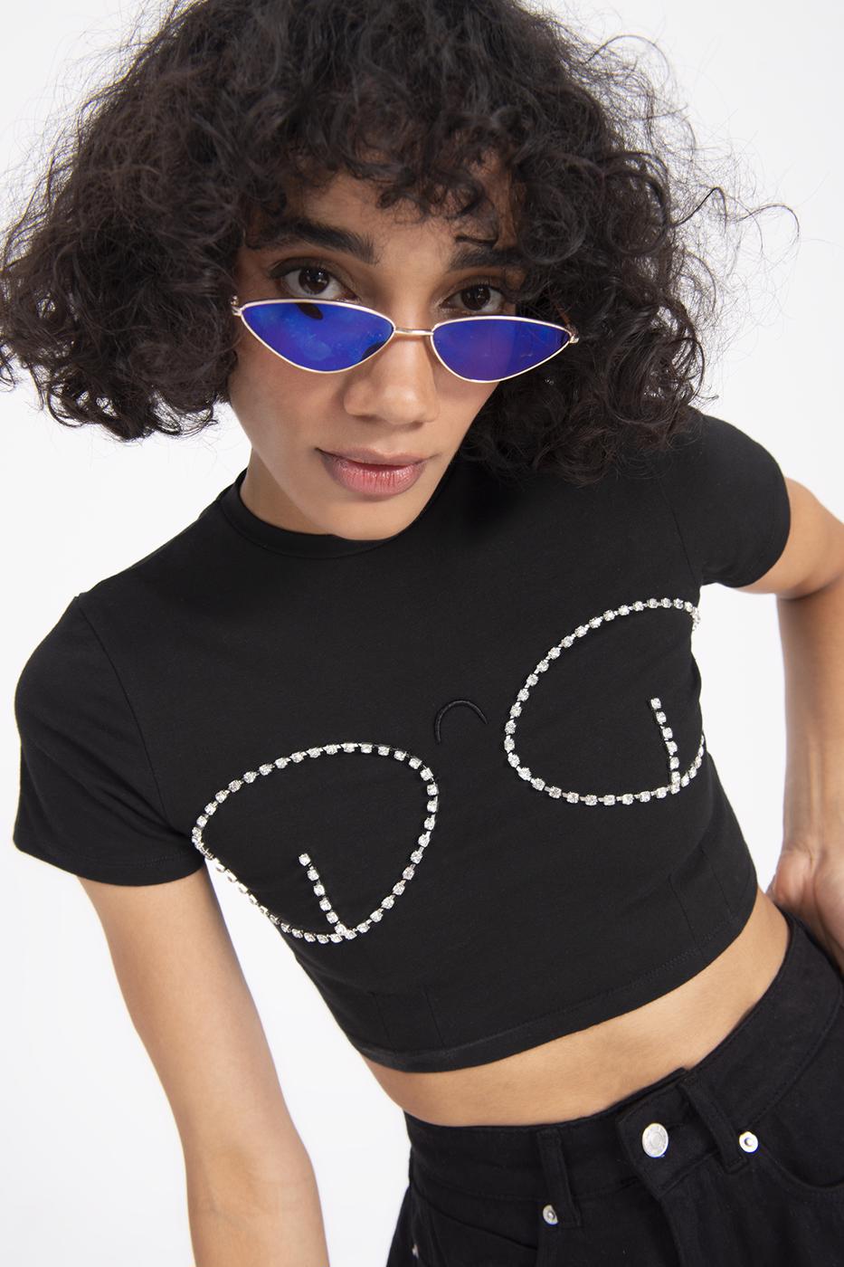 Bayan Siyah Taşlı Crop Body