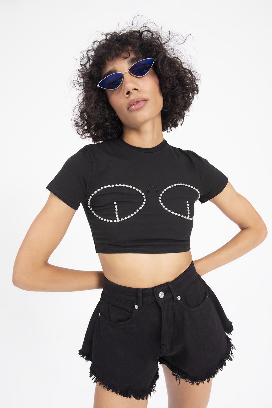 Bayan Siyah Taşlı Crop Body