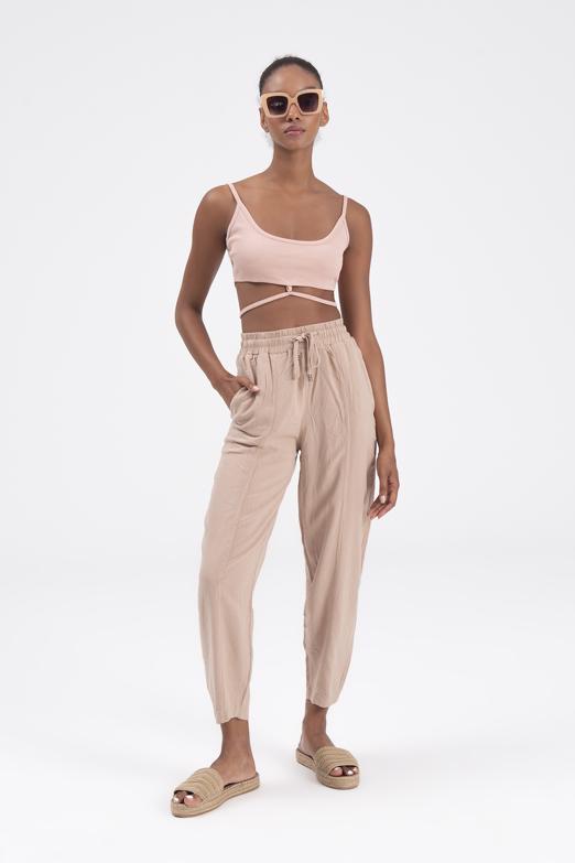 Bayan Bej Keten Karışımlı Bol Pantolon - BSL