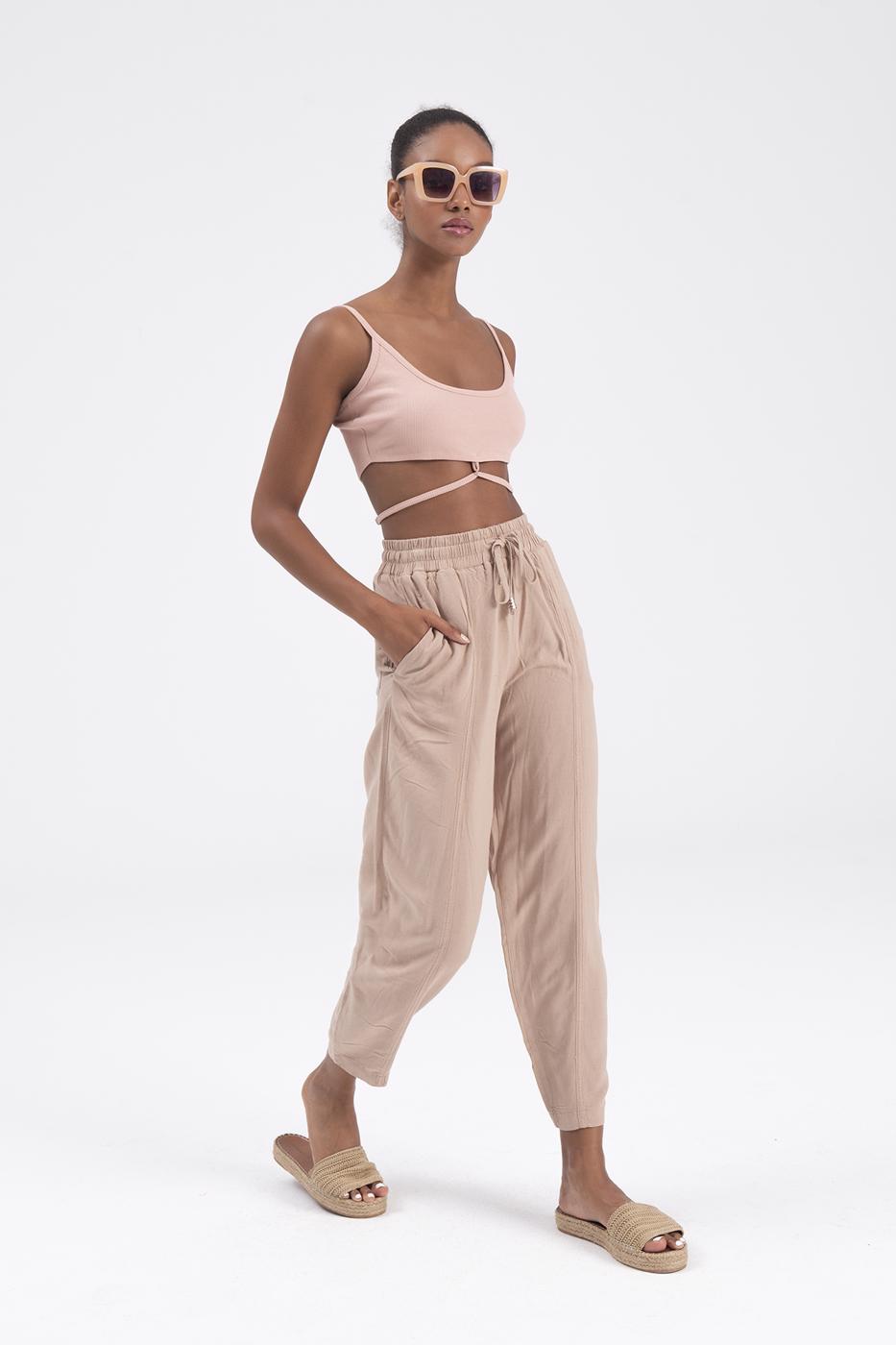 Bayan Bej Keten Karışımlı Bol Pantolon