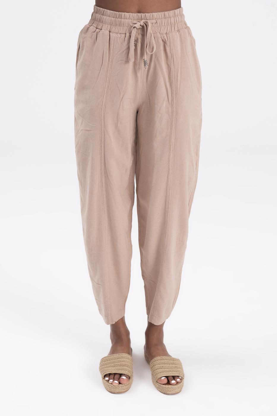 Bayan Bej Keten Karışımlı Bol Pantolon