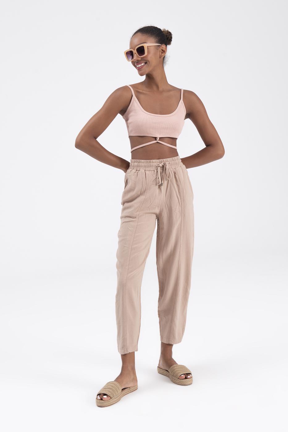 Bayan Bej Keten Karışımlı Bol Pantolon