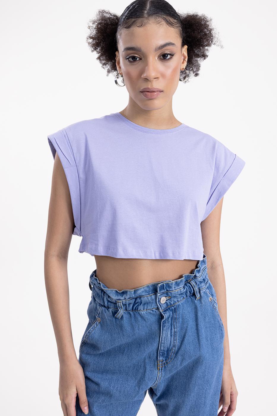 Bayan Lila Düşük Omuzlu Basic Crop Tshirt