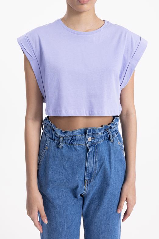 Bayan Lila Düşük Omuzlu Basic Crop Tshirt - BSL