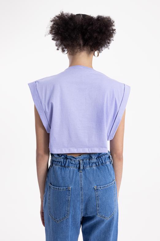 Bayan Lila Düşük Omuzlu Basic Crop Tshirt - BSL