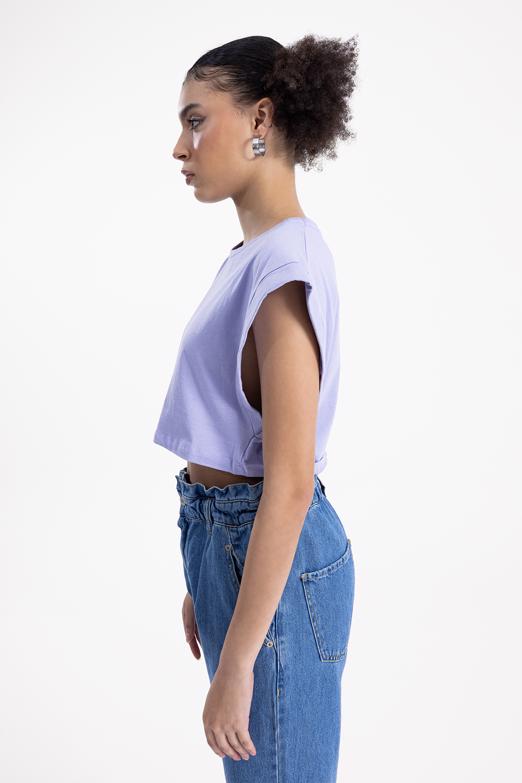 Bayan Lila Düşük Omuzlu Basic Crop Tshirt - BSL