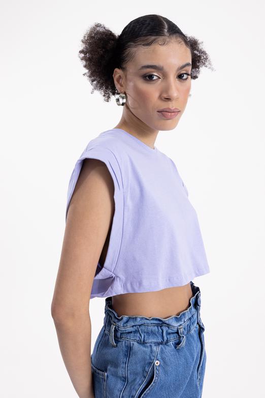 Bayan Lila Düşük Omuzlu Basic Crop Tshirt - BSL